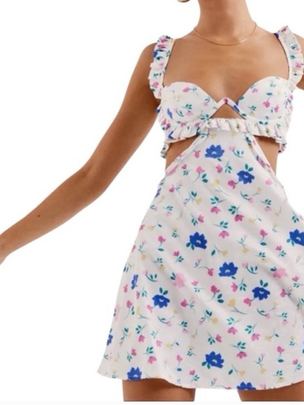 For Love & Lemons White Floral Cutout Ruffle Slip Dress with Blue & Pink Flowers